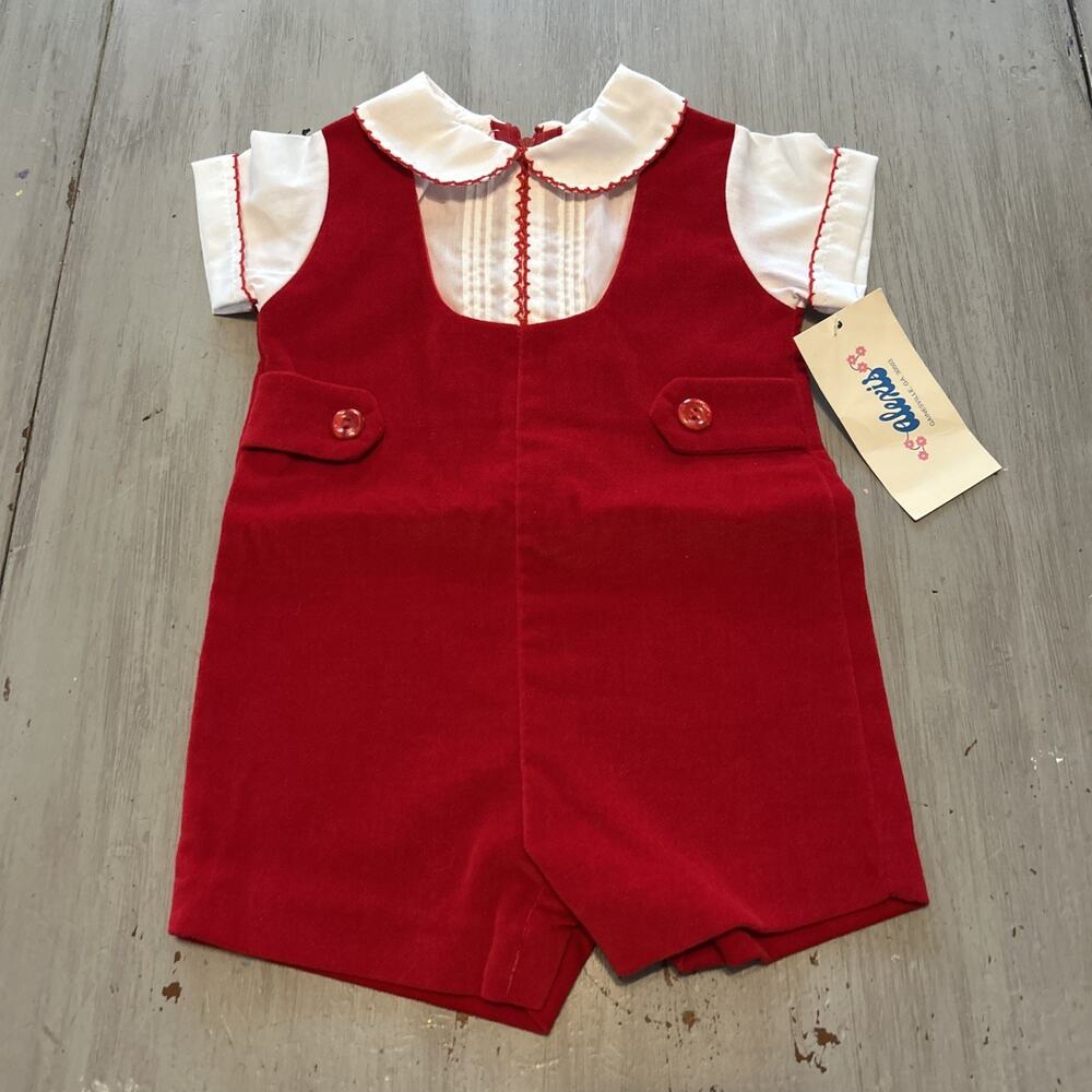 NWT Alexis Red Velvet White Embroidered Baby Romper One Piece Victorian Sz 6M